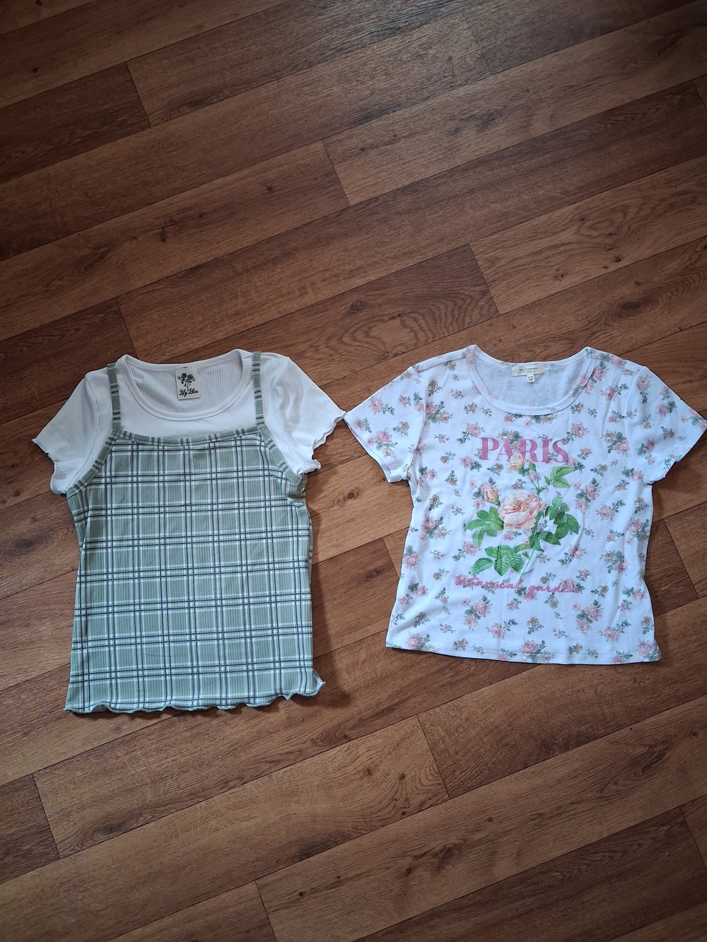 Girls Green Plaid Layered Tank Top And Floral Crop White Tee